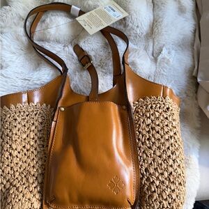 Patricia Nash Cognac Leather & Woven Straw Tote
